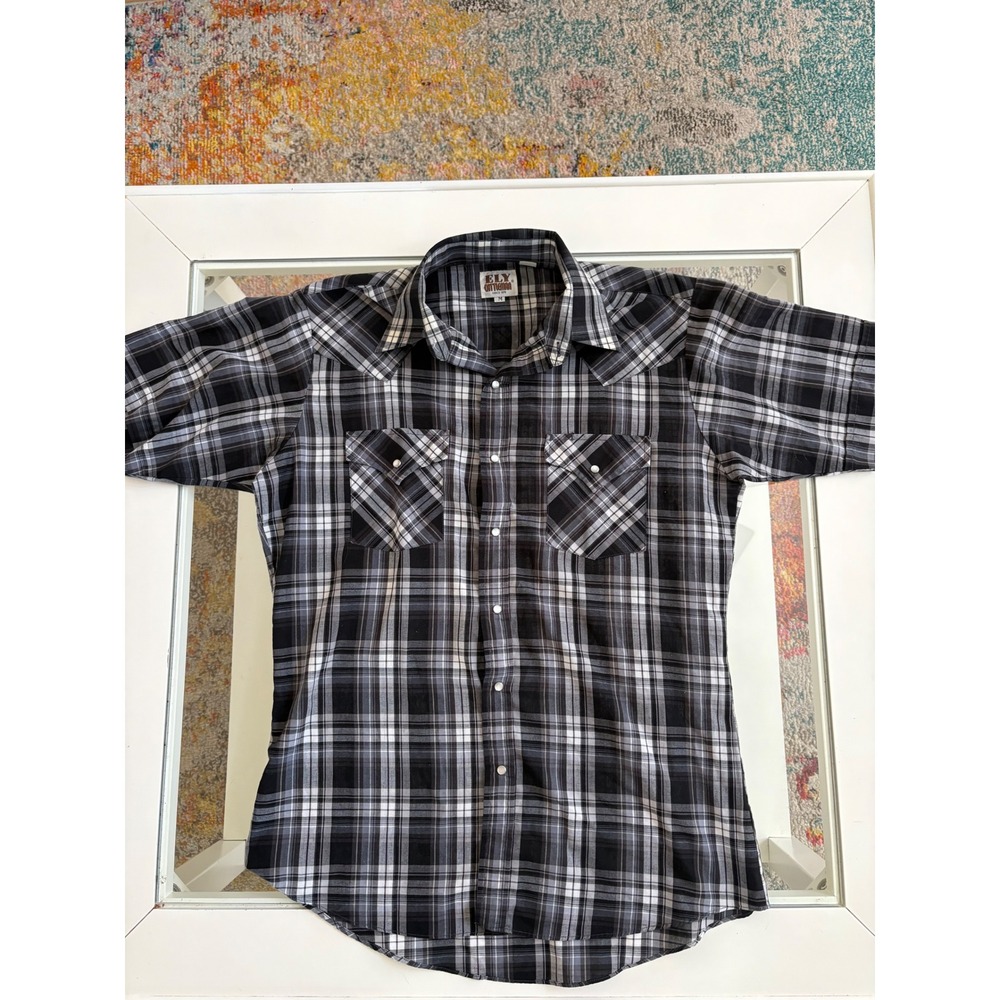 Ely Cattleman Mens Black White Plaid Short Sleeve Western Pearl Snap Shirt M